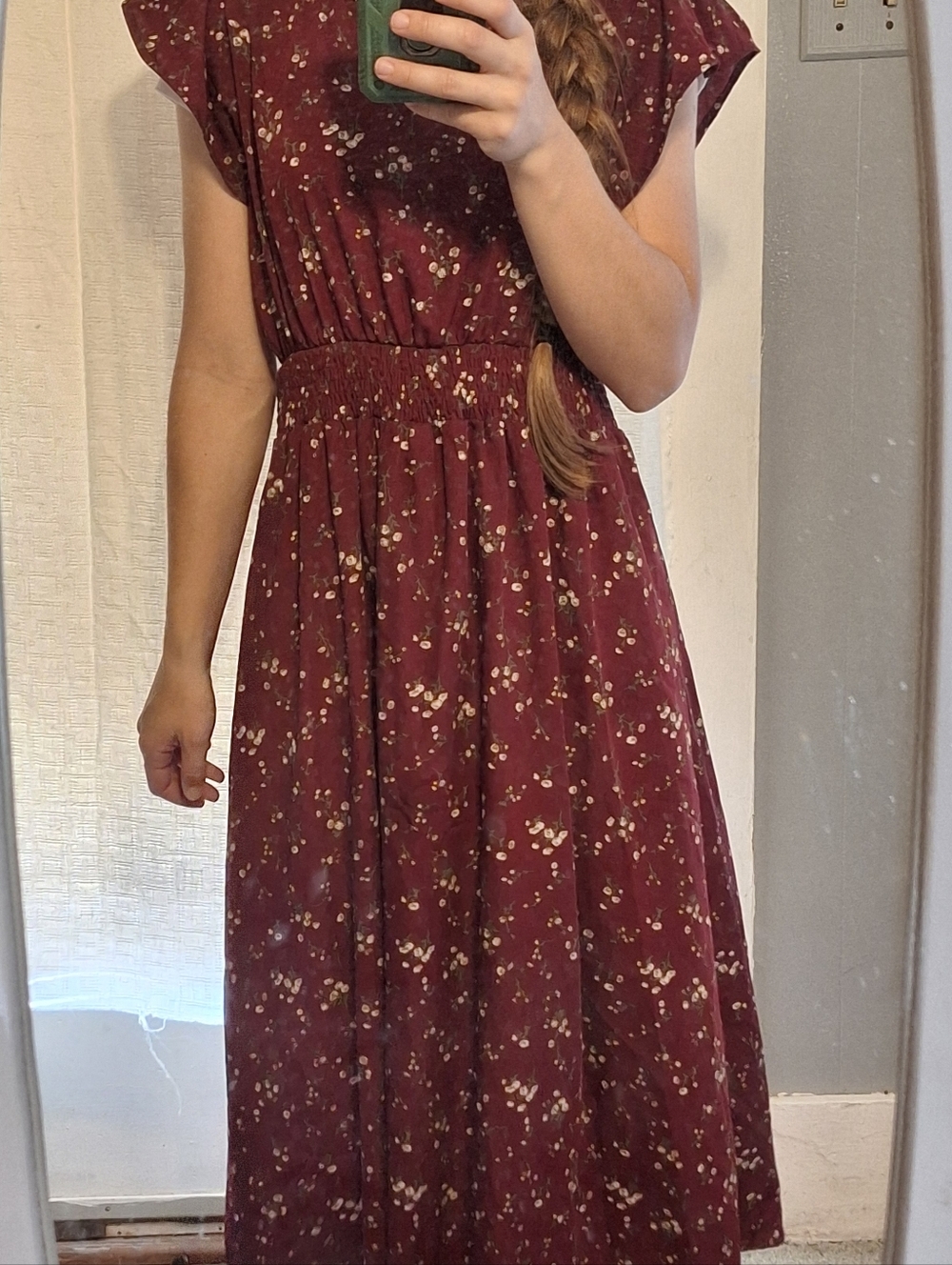 SHEIN Burgundy Floral Smocked Waist Midi Dress